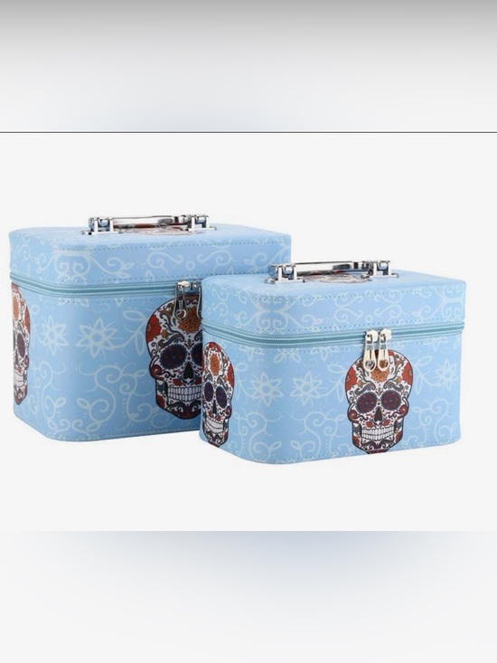 Accessories - Light Blue Sugar Skull Cosmetic Train Case Set